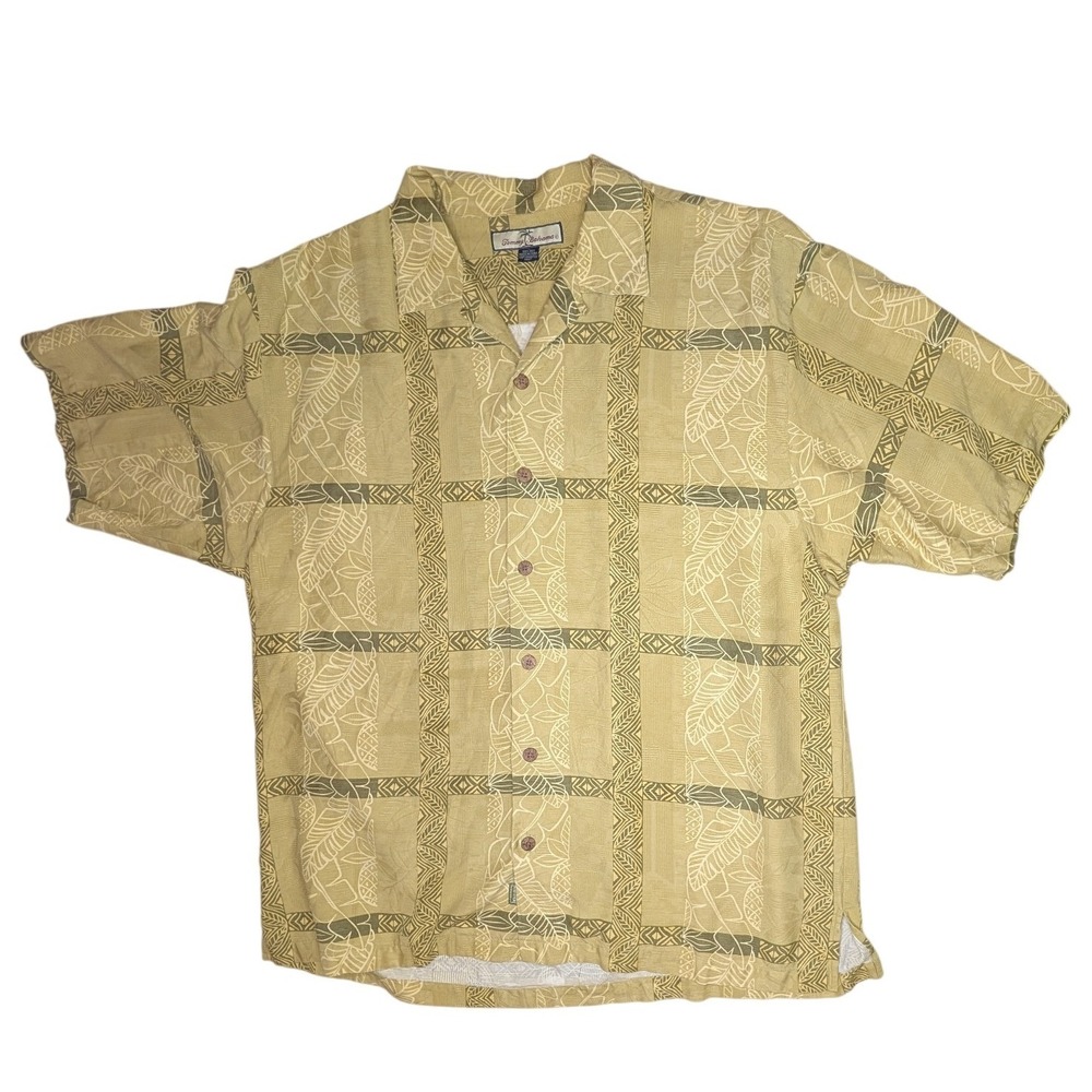 Tommy Bahama Shirt Mens L Yellow Silk Tropical Leaf Short Sleeve Button Down